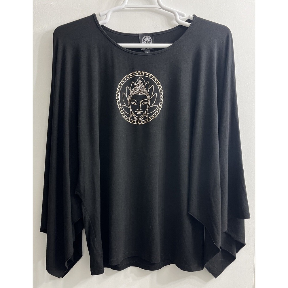 Aum Couture Womens L Black Tunic Top Gold Buddha Cape Sleeve Boho Loose Fit USA